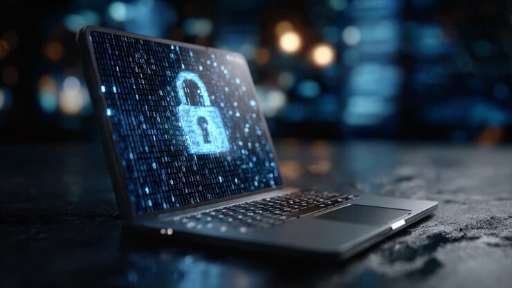 Futuristic digital security concept showcasing a laptop displaying a glowing lock symbol amidst a backdrop of binary code, emphasizing the importance of online safety and data protection