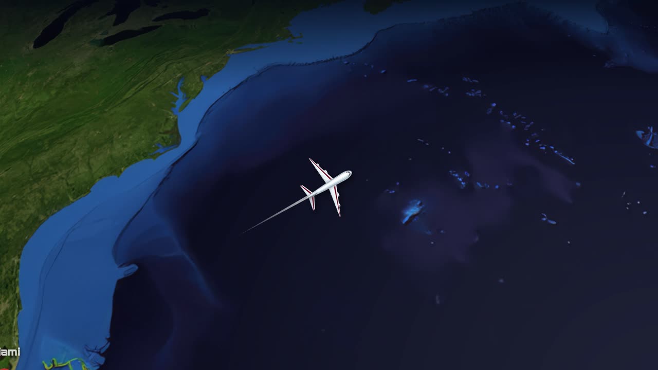 Satellitvisningsanimation følger et kommercielt fly, der flyver fra Miami til Rom over havet