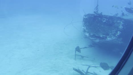 Cinematic wide dolly shot of a fish swimming by a submarine porthole with an eerie shipwreck behind it on the ocean floor off the coast of Hawai&#039;i