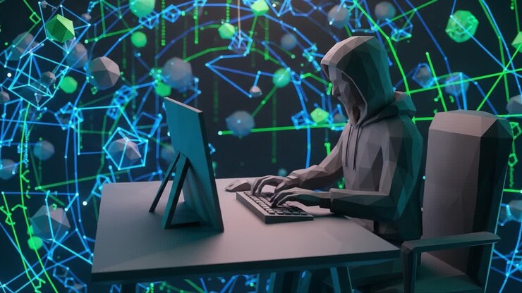 Un personaggio cibernetico con un abito incappucciato impegnato in un'analisi digitale complessa, circondato da forme geometriche astratte e flussi di dati luminosi che rappresentano un mondo virtuale.