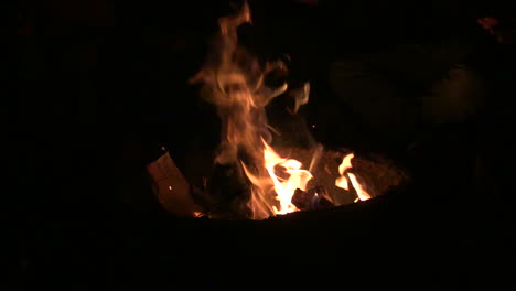 a wide shot of a camp fire, roasting a marshmallow