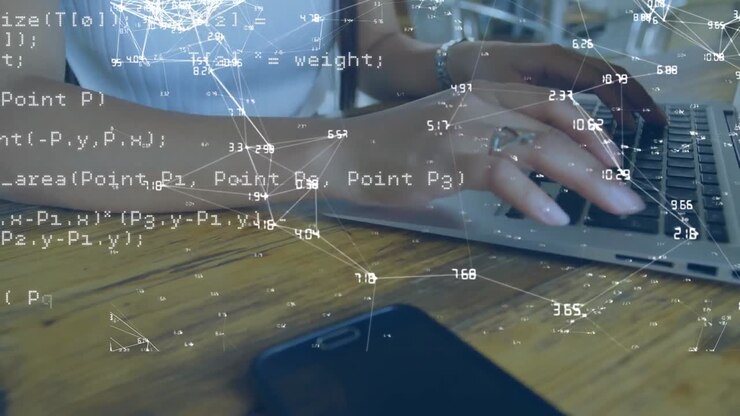 Animation of data processing over connections with asian businesswoman using laptop