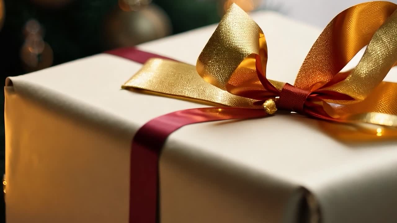 primer plano de un regalo de navidad con cinta dorada y roja