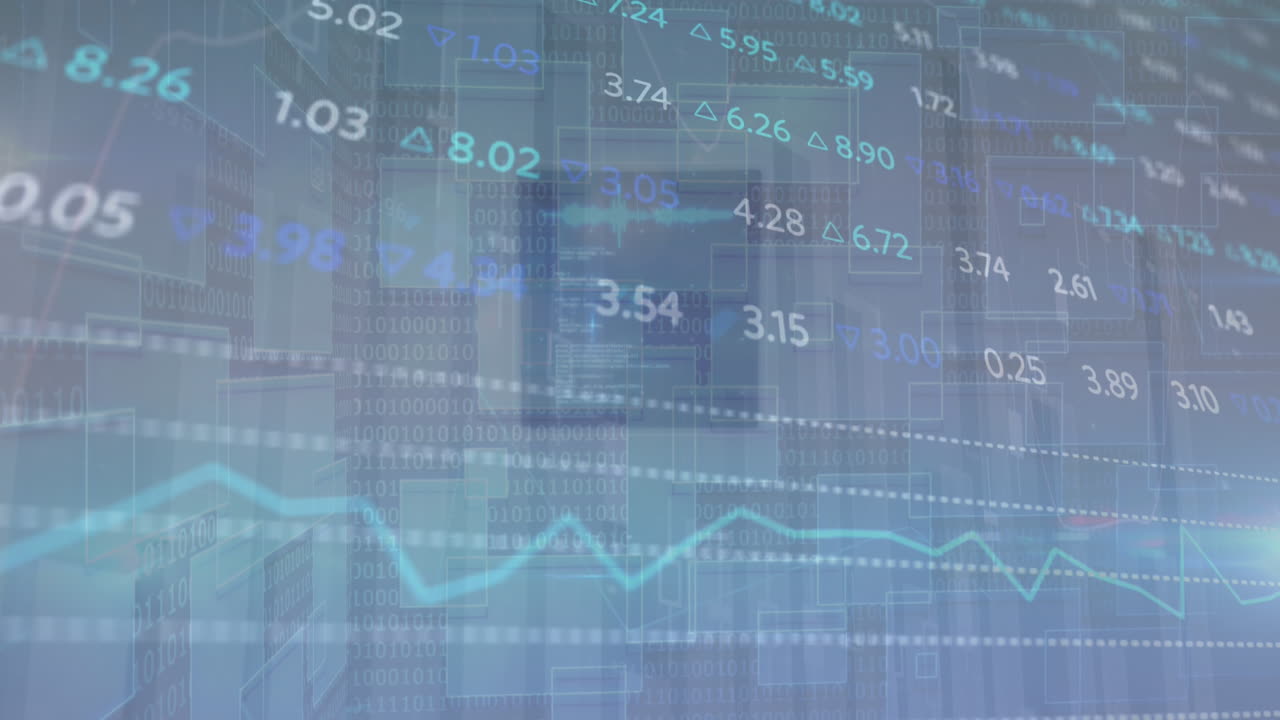 Animation of trading board, changing numbers over binary codes and blocks in background