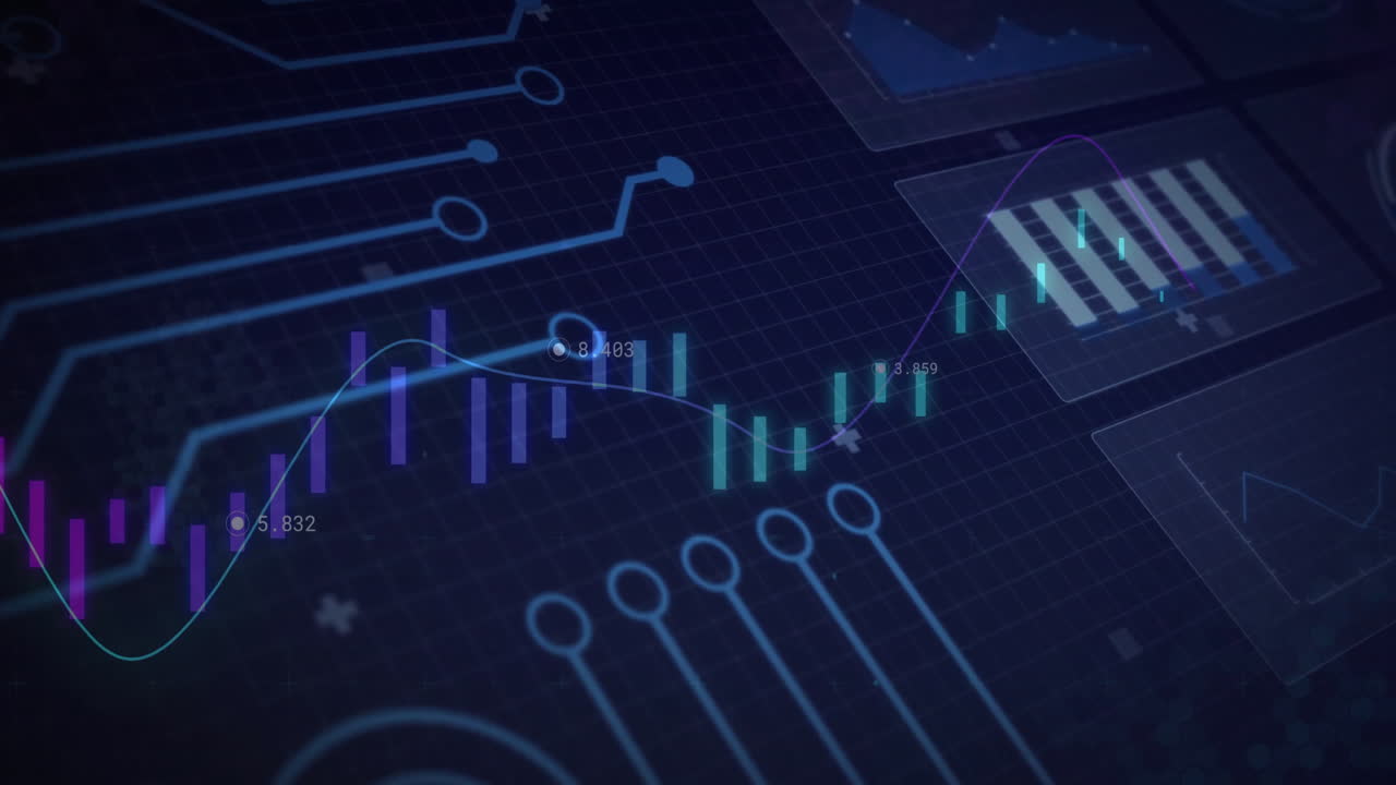 Candlestick bars pulsing while neon line graph climbing across futuristic grid dashboard