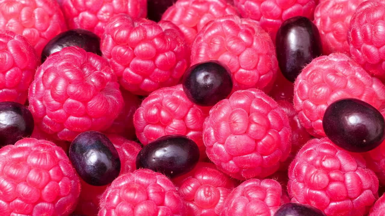 Pink Raspberries And Currants Closeup, Piled Glossy Berries With Intricate Drupelet Texture, Saturated Magenta