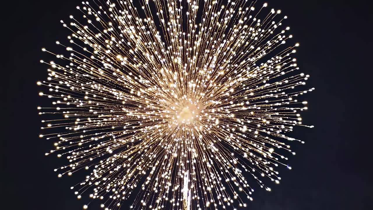 A dynamic burst of fireworks captured from a low-angle shot, creating a dazzling, celebratory