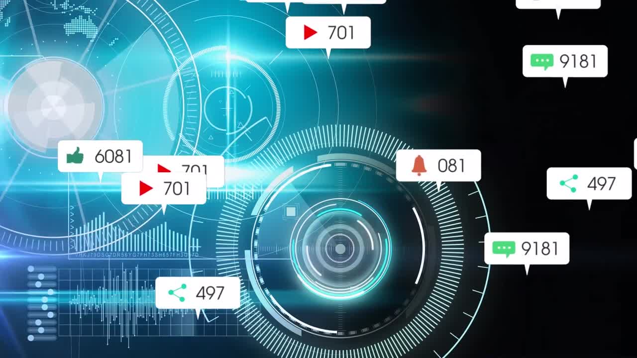 파란색 배경에 둥근 스캐너와 빛의 반점 위에 소셜 미디어 아이콘의 애니메이션