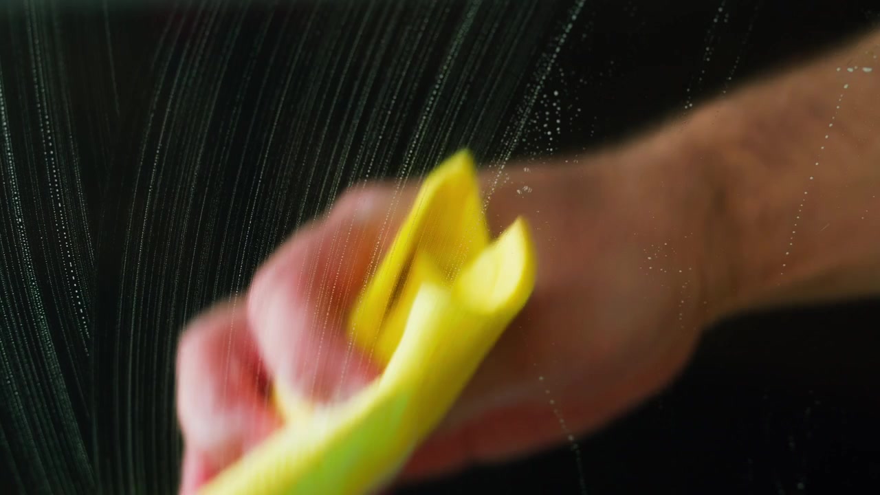 Close-up of Hand Wiping Soapy Glass Surface with Yellow Cloth