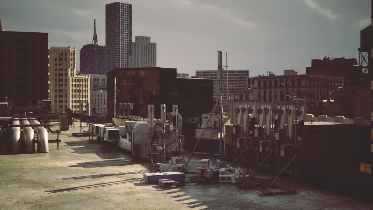 Urban rooftop view with antennas and skyline in the background at sunset