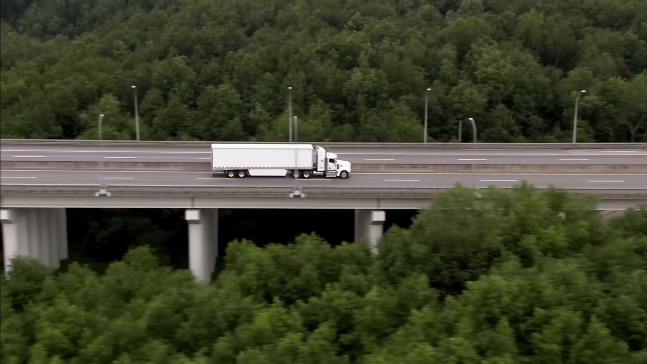 Vista dall'alto di un autoarticolato bianco che si muove lungo un ponte autostradale a più corsie, circondato da fitti alberi estivi, supporti in cemento, barriere e alti lampioni stradali