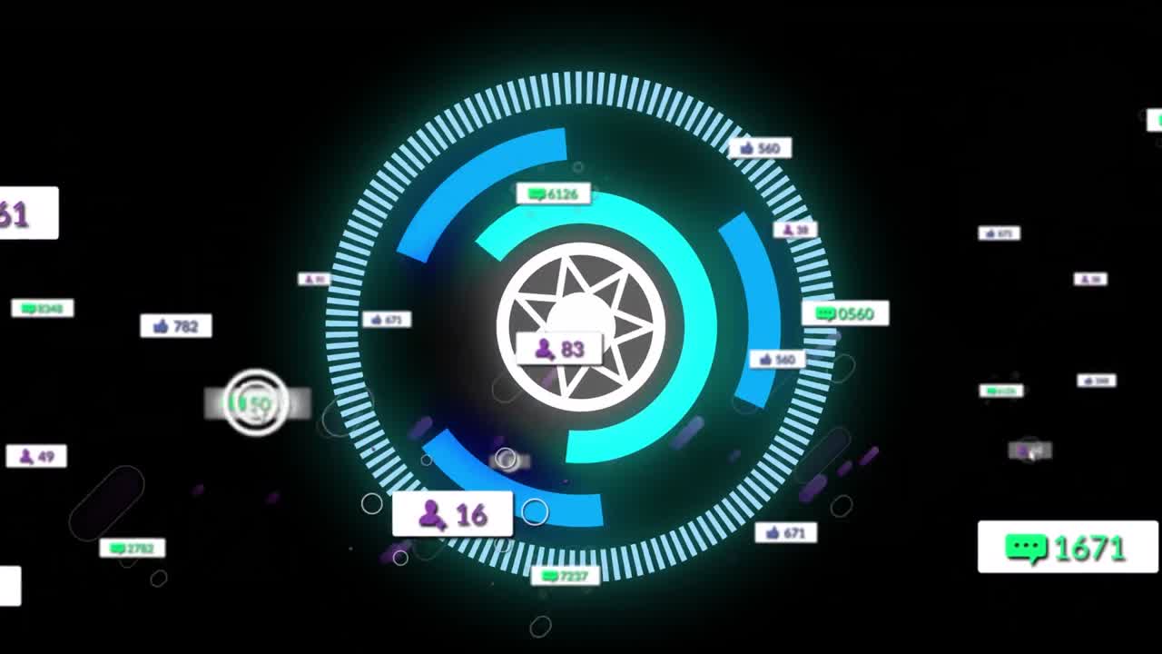 animación de iconos de redes sociales sobre un escáner redondo de neón girando contra un fondo negro.