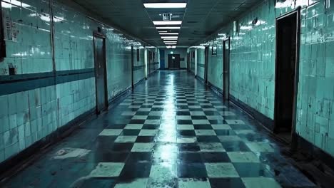 a long hallway with a black and white checkered floor