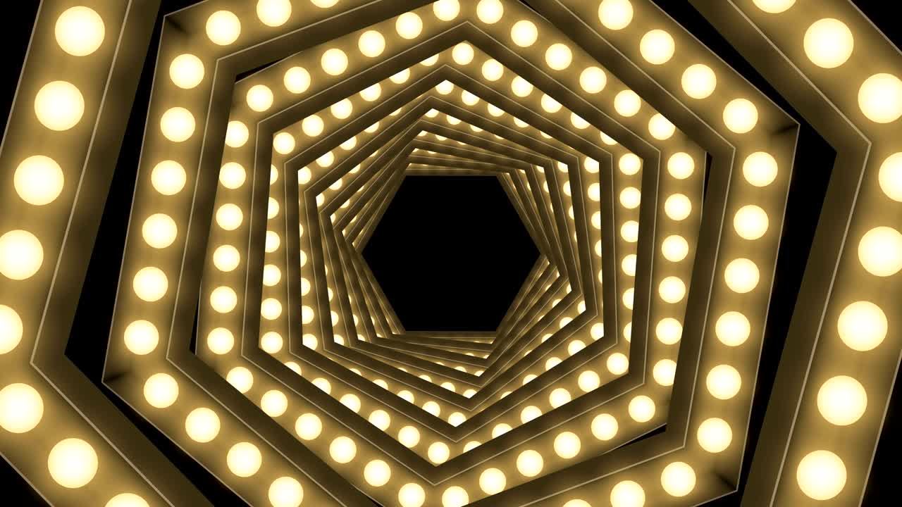 caja de bombilla incandescente de túnel marco de forma hexagonal remolino girar patrón en movimiento, retro 3d estilo virtual ilustración brillo en fondo oscuro animación de bucle sin costuras 4k, con espacio de copia