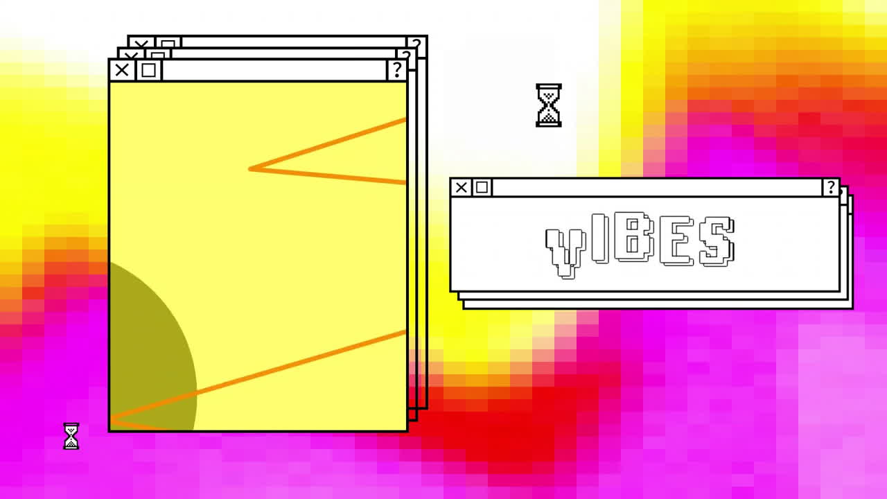 컴퓨터 화면과 활기찬 배경 위에 진동 텍스트의 애니메이션