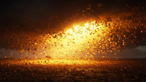 a stunning visual display of golden leaves and explosive light, capturing the essence of nature’s beauty in a mesmerizing burst of color and golden particles