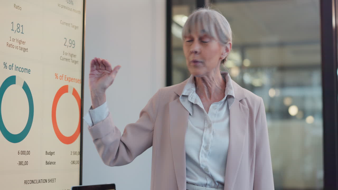 mujer de negocios, presentación de pantalla y gráficos