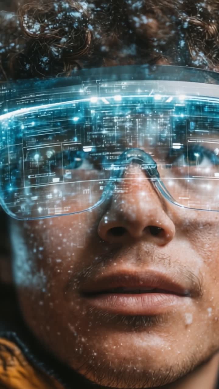 A Close-Up Exploration of Augmented Reality Through High-Tech Glasses, Showcasing a Young Individual Immersed in a Transcendent Digital Experience