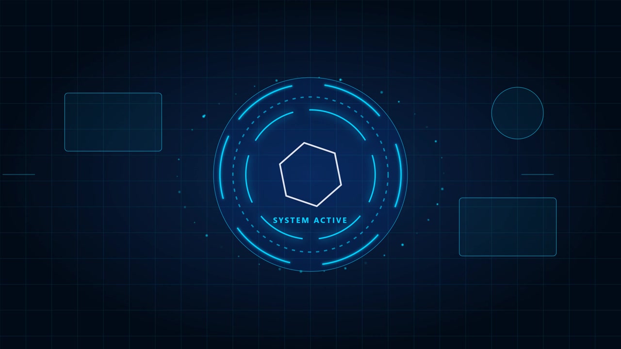 Futuristic Digital Interface with Rotating Hexagon and System Active Text