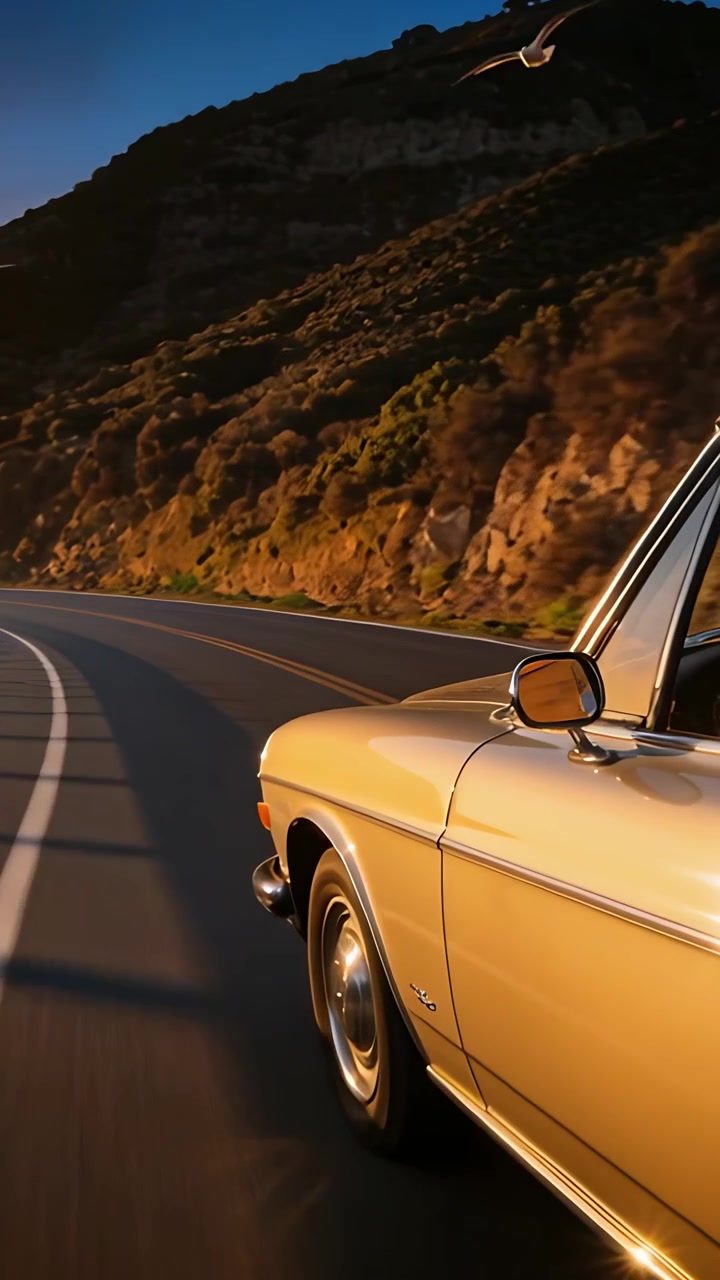 Vertikales Video: Goldenes Coupé fährt bei Sonnenuntergang eine kurvige Küstenstraße entlang, mit Lens Flare auf Chrom, Textfreiraum.