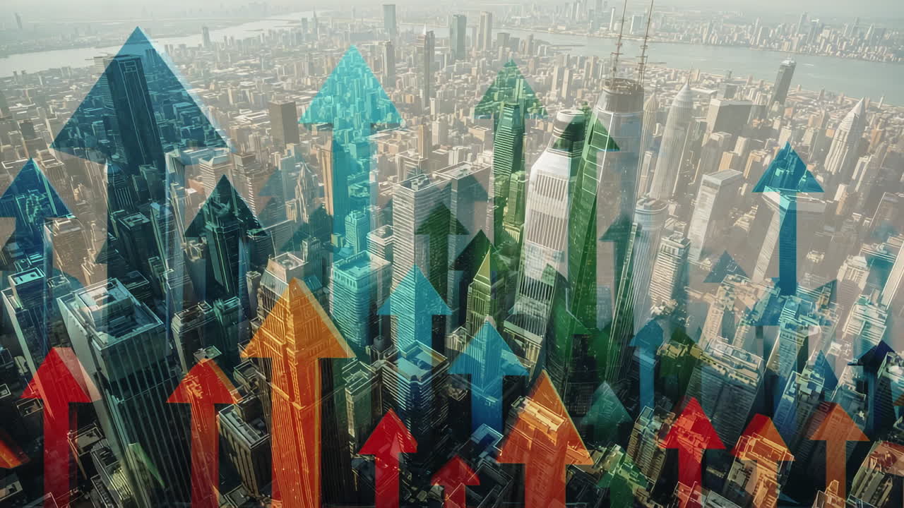 Urban Growth and Economic Progress Represented by Upward Arrows Over a Cityscape