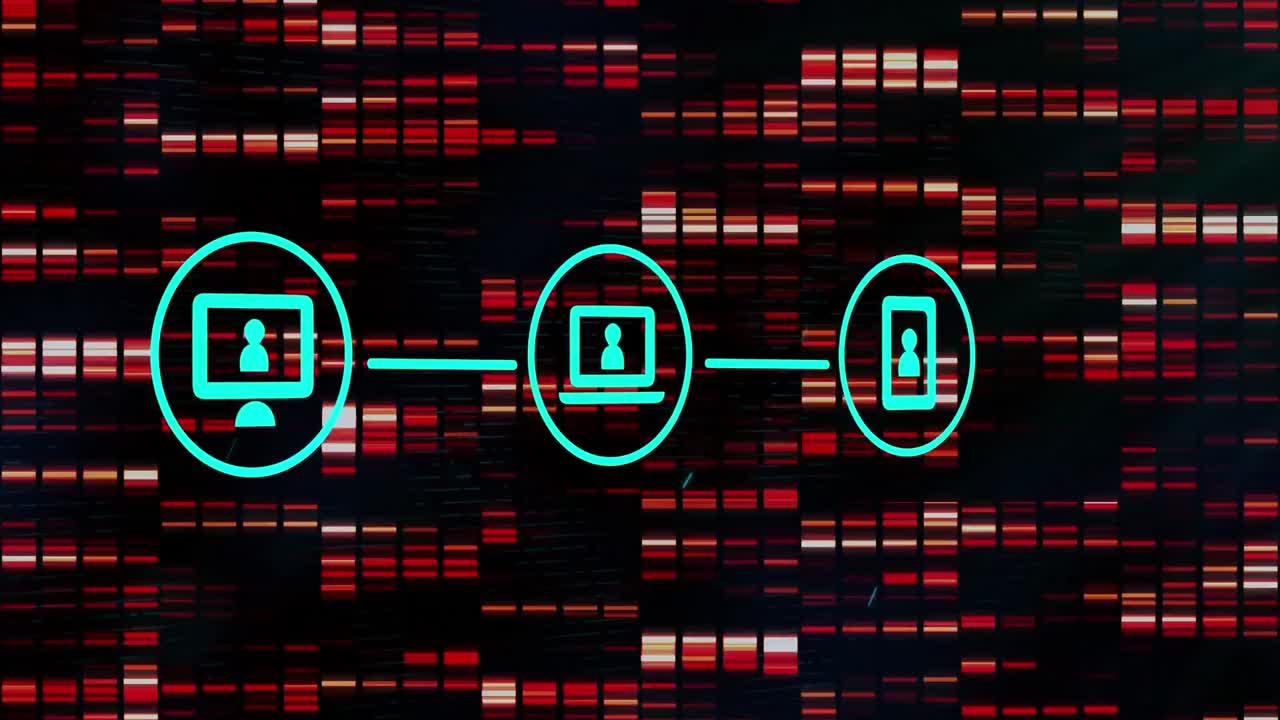 Animation of tech icons, lights and black background