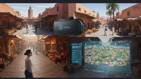 exploring a vibrant vr marketplace: a journey through colorful stalls and digital maps in an interactive virtual reality experience