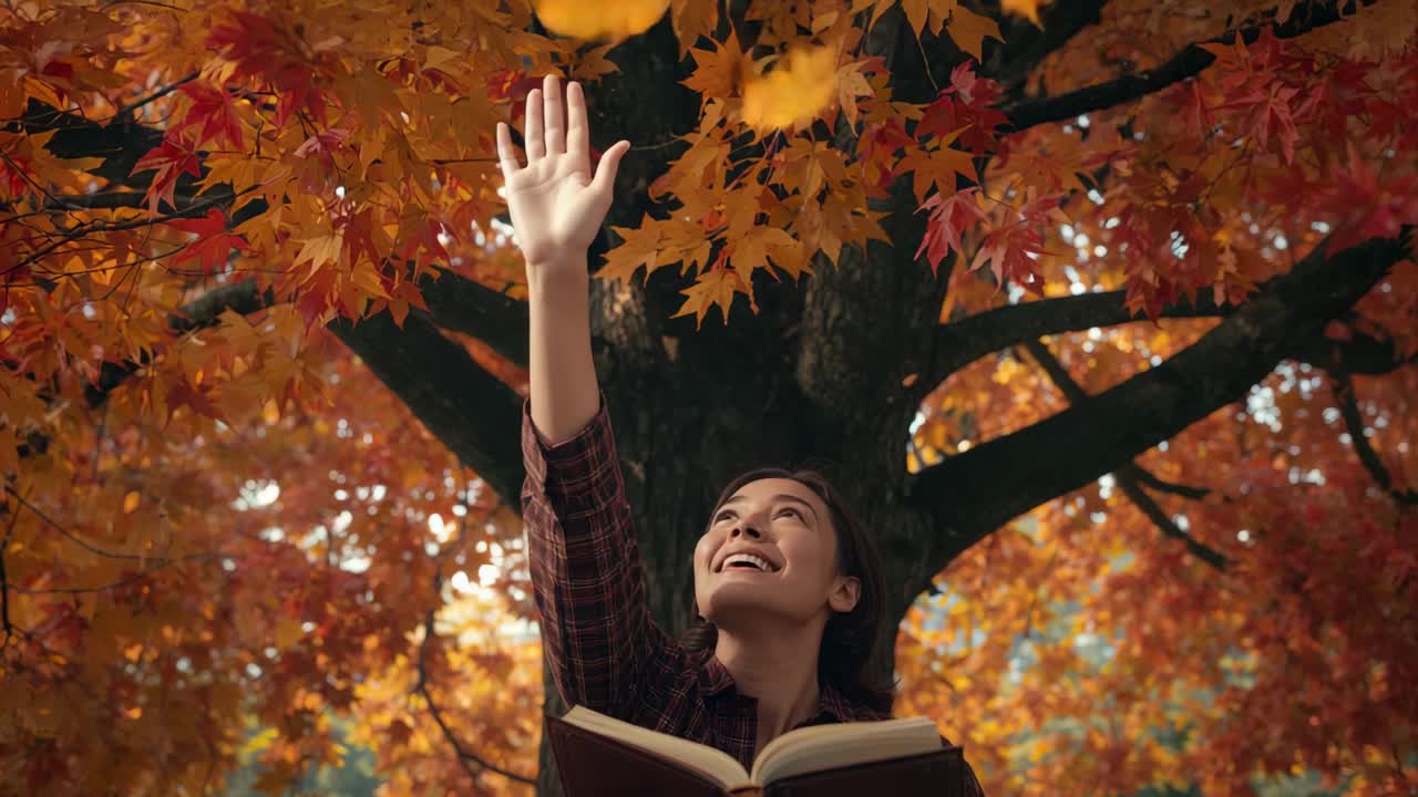 Glancing up from hardcover book, woman in plaid shirt raising arm in park, catching falling leaves