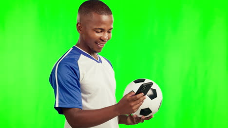 football, sports and black man with phone on green