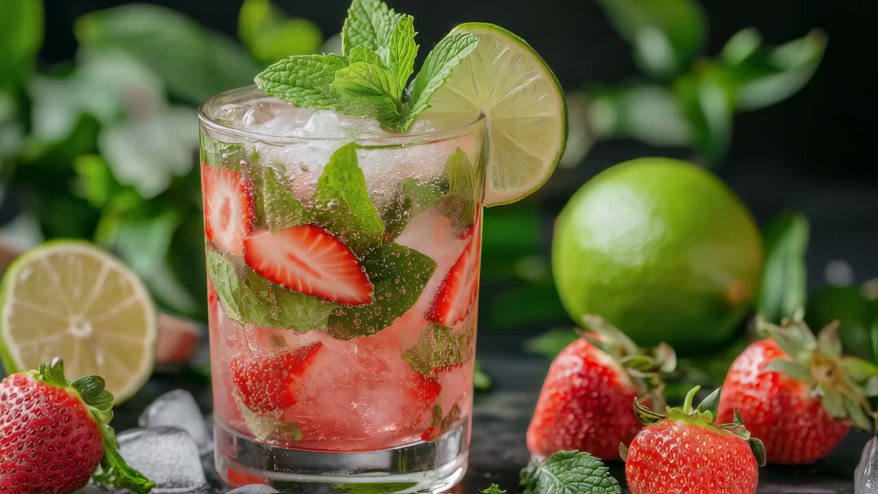 Ice cubes, lime slices, and fresh strawberries surround a glass of vibrant pink strawberry cocktail, garnished with mint leaves, creating a refreshing summer beverage