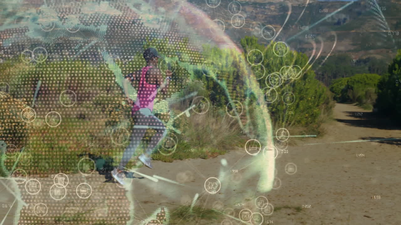 woman jogging with running shoes along trail in fitness tech demo, with world map icons floating