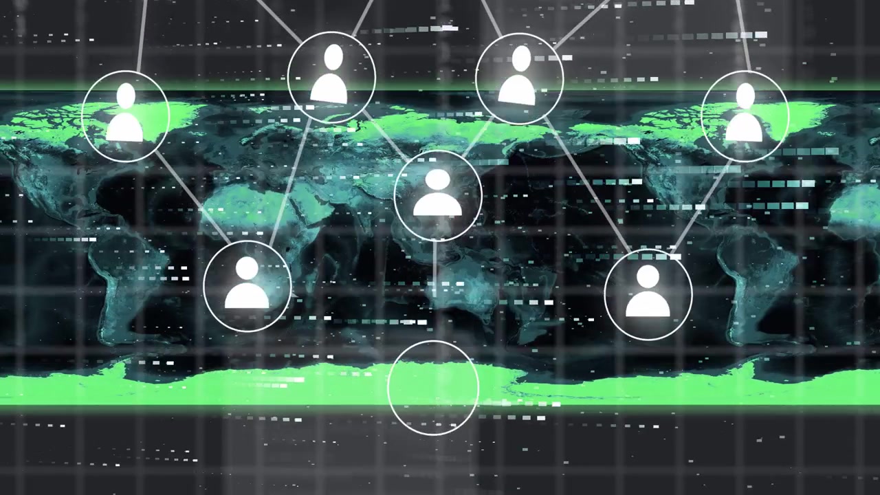 Selection ring appearing, top node emerging then linking out, nodes pulsing, showing global network