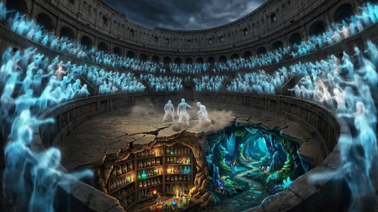 Arena fantasy epica con fantasmi e mondi magici nascosti
