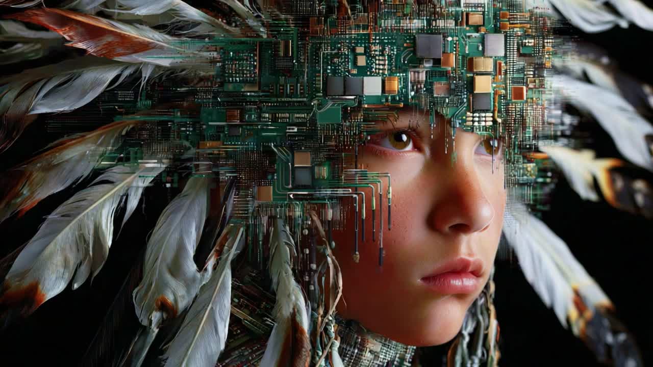 Una straordinaria fusione di natura e tecnologia: l'intricato ritratto di un giovane individuo adornato con piume e circuiti, che simboleggia la connessione tra umanità e innovazione