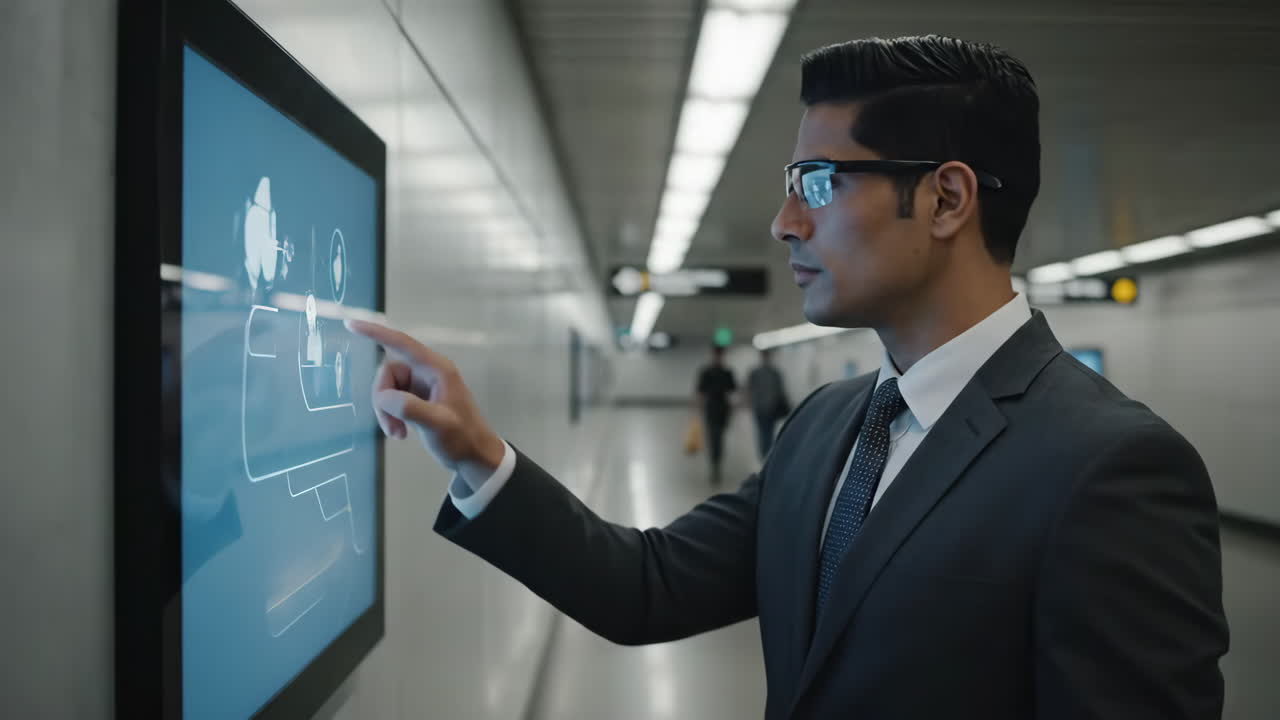 Uomo d'affari con touchscreen futuristico