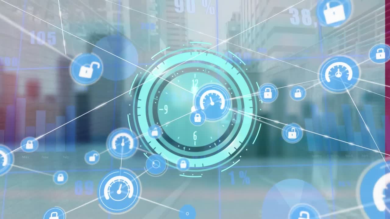 디지털 아이콘 네트워크의 애니메이션, 변하는 숫자 및 높은 건물 위의 네온 시계