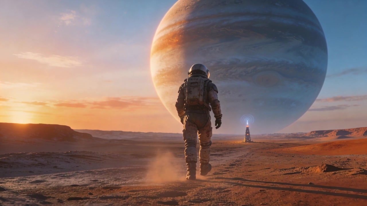 Solen går ned, en iklædt astronaut går mod et fyrtårn over en støvet slette, mens en gasgigant truer i horisonten.