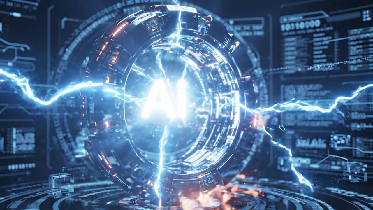 Futuristic Portal Featuring Artificial Intelligence Visualization in a High-Tech Environment with Glowing Circuitry and Data Displays