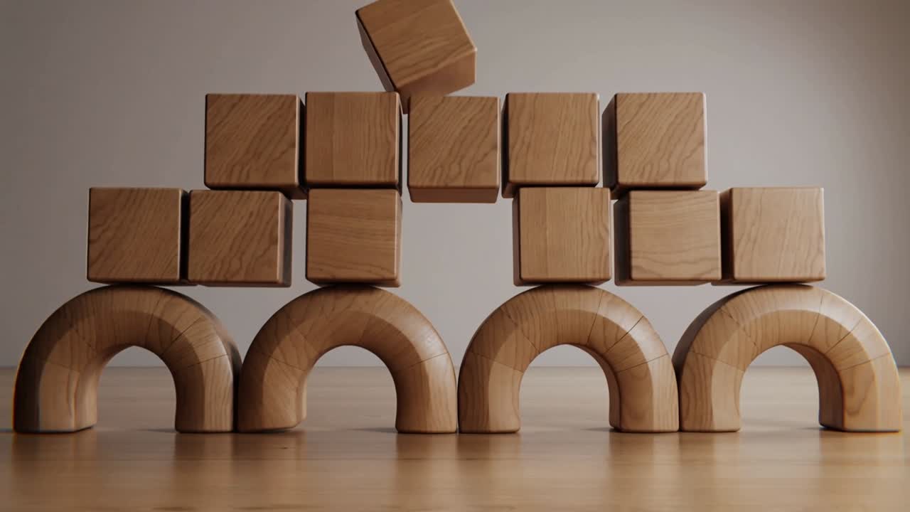 Floating wooden cube, sphere starting, cubes falling onto studio table forming pyramid with arches