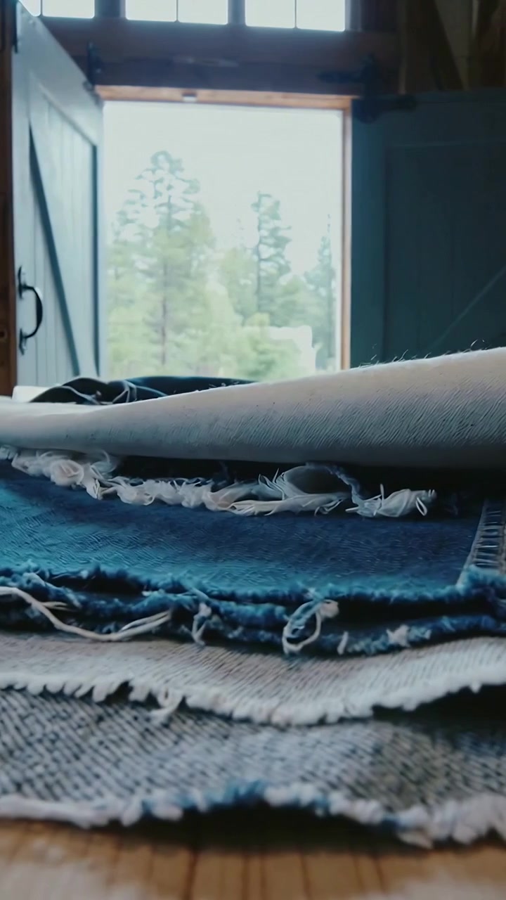 Vertical video: Emerging tabby paw flicking layered rugs on floor by open door, exploring curl