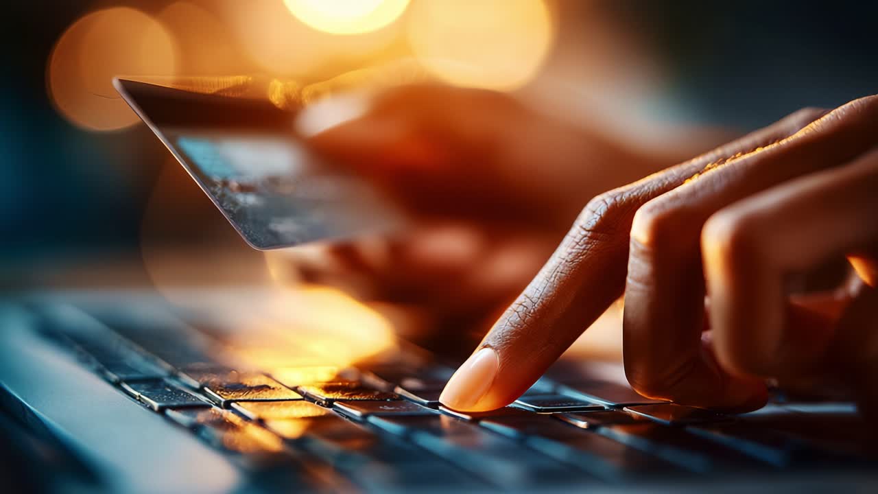 Capturing the Essence of Online Shopping: A Close-Up of a Hand Using a Credit Card to Make a Purchase on a Laptop Keyboard Against a Warm, Inviting Glow