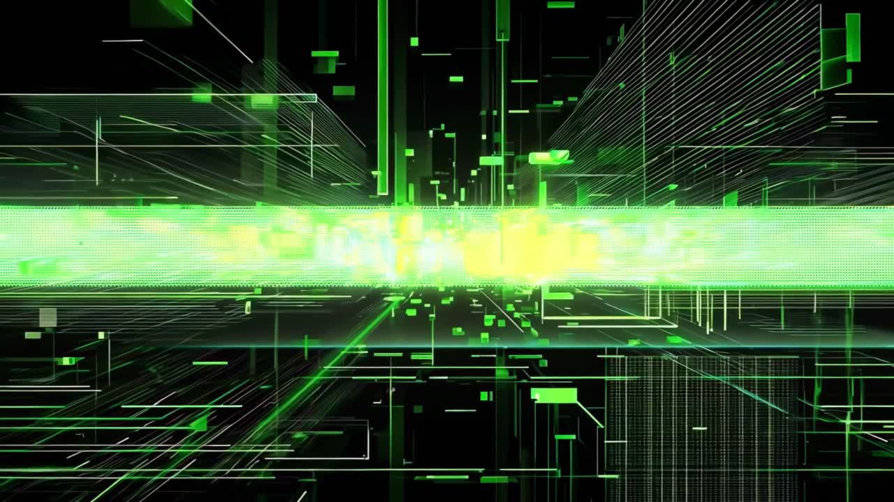 Futuristic digital interface with green lines and grids, viewed from a straight-on angle