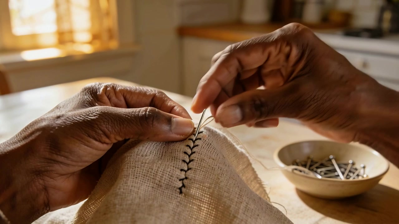 Guiding hands pulling threaded needle through burlap at kitchen table, mending seam with pins