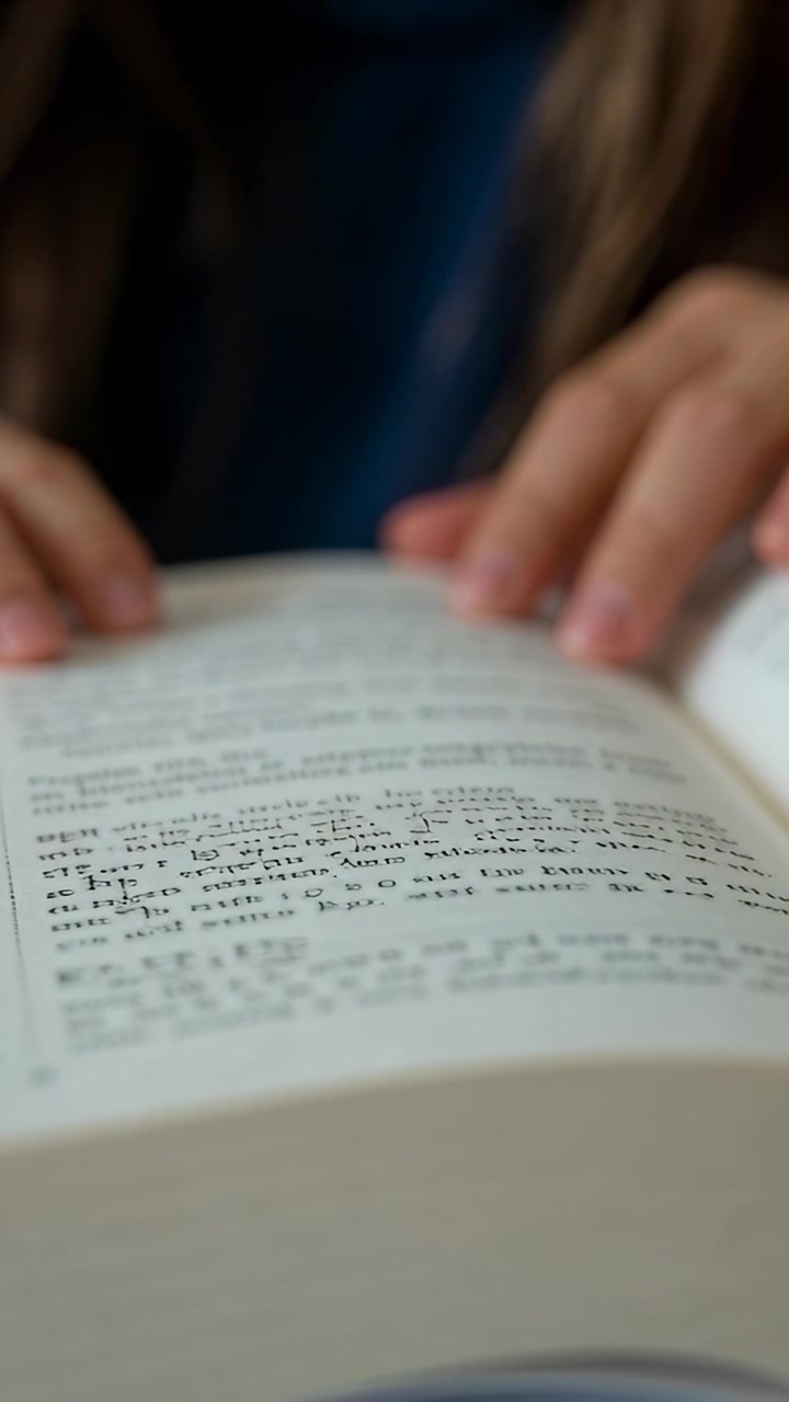 Video verticale: Dita che sfogliano, lettore con maglia blu scuro che gira le pagine di un libro spesso alla scrivania, mentre studia.