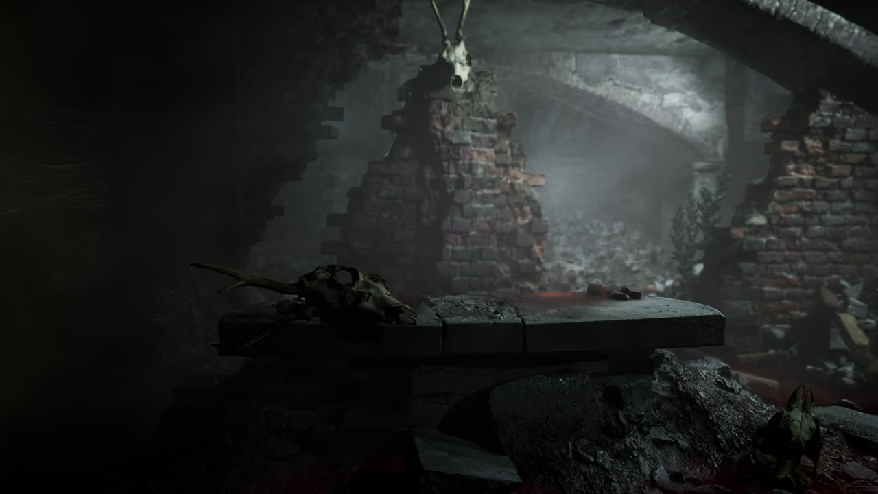 ruinas oscuras y atmosféricas con cráneos y huesos