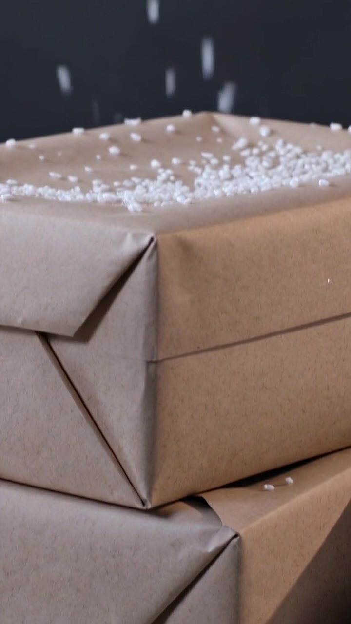 Vertical video: Falling pellets covering stacked kraft boxes on wood shelf, forming snow layer
