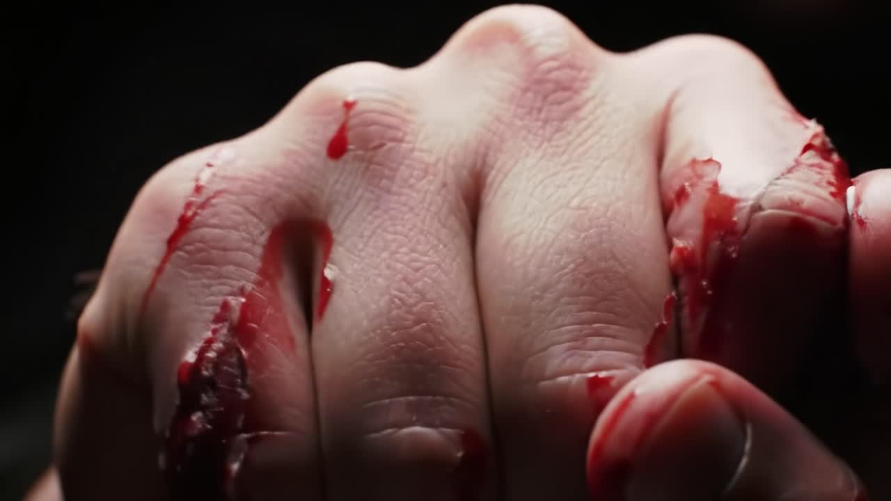 A tense moment captured in two frames, showcasing a clenched fist covered in blood, implying struggle and emotion, hinting at a narrative of conflict and resilience