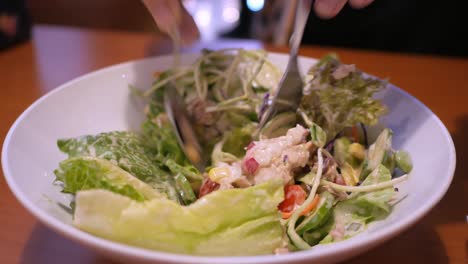 Mezclar-Un-Plato-De-Ensalada-De-Verduras,-Una-Mezcla-De-Lechuga,-Atún,-Brotes-De-Girasol,-Maíz,-Pepino,-Tomates-Cherry,-Pimiento,-Palitos-De-Cangrejo-Y-Aderezo-Para-Ensalada-Al-Gusto.