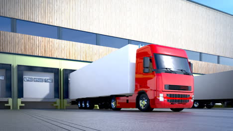 camion con semirimorchi in fila di fronte a un magazzino. trasporto di carico pesante da siti commerciali aziendali. trasporto logistico di merci nell'industria in un ciclo senza fine e senza interruzioni.