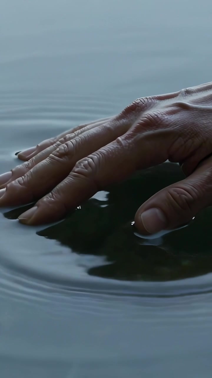 Vertical video: Moving from right, single hand touching pond surface, forming ripples and droplets